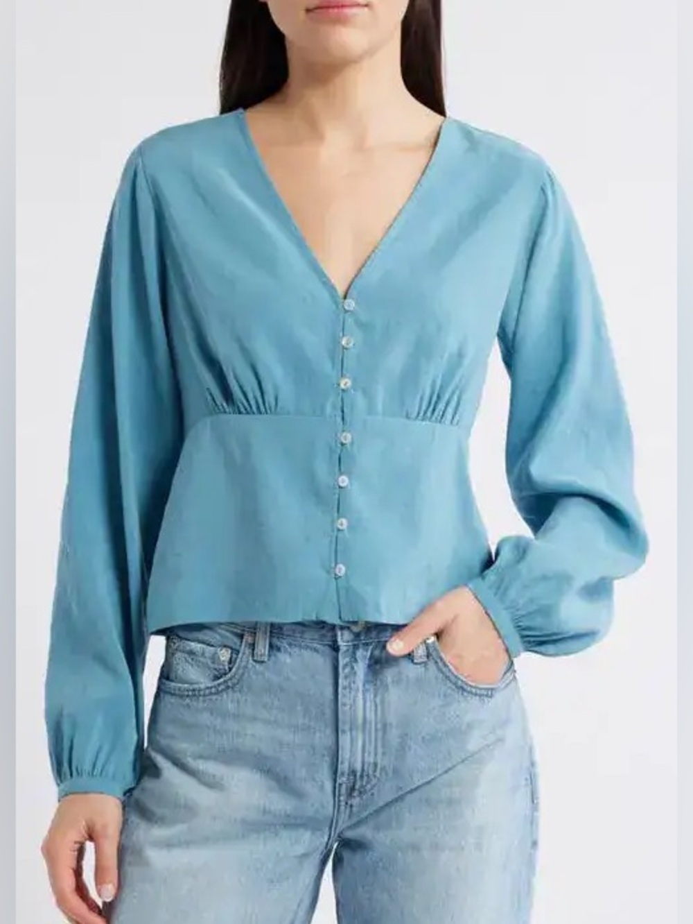 Nation LTD Lyla V-Neck Top XL NWT Adriatic Sea Blue Balloon Sleeve Blouse $168